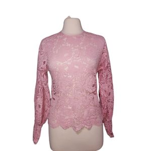 Lace Shirt S Pink Long Sleeve Floral Woman Top Blouse sheer romantic int…